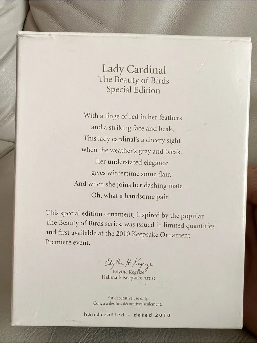 Hallmark Keepsake Lady Cardinal The Beauty of Birds Hanging Ornament Special Ed.